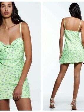 Zara Mint Green and Purple Ditsy Floral Slip Dress with Knotted Bust